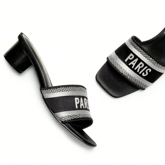 Black Glamorous Women's Glittery Chunky Heeled Square Toe Mule Sandals - Picture 2 of 7